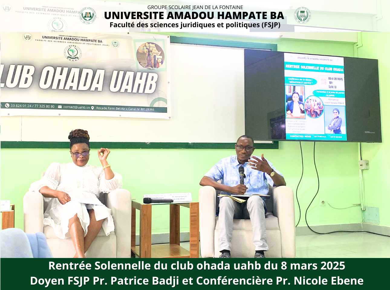 Rentrée Solennelle du club ohada uahb du 8 mars 2025 Doyen FSJP Pr. Patrice Badji et Conférencière Pr. Nicole Ebene Format Diaporama site web 1920x960px